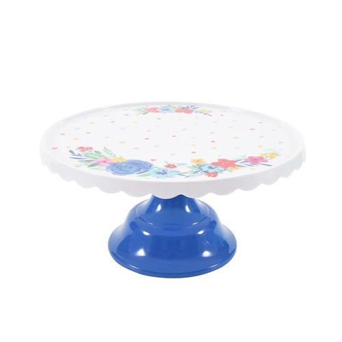 Pioneer Woman Cake Stand Floral Scalloped Melamine White Blue 11"dia x5.25"H New