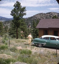 Vintage Stereo Realist Photo 3D Slide VACATION CABIN w 1953 Oldsmobile