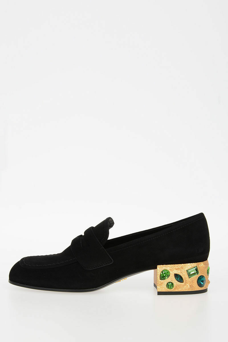 PRAD A UNIQUE BLACK SUEDE EMERALD GREEN JEWELED HEEL LOAFERS 36.5