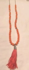 Long Coral Beaded Necklace With Tassel 34" Long Boho Beachy