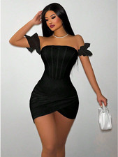 Black Zolique Women's Sexy Off Shoulder Ruffle Trim Wrap Hem Bodycon Dress