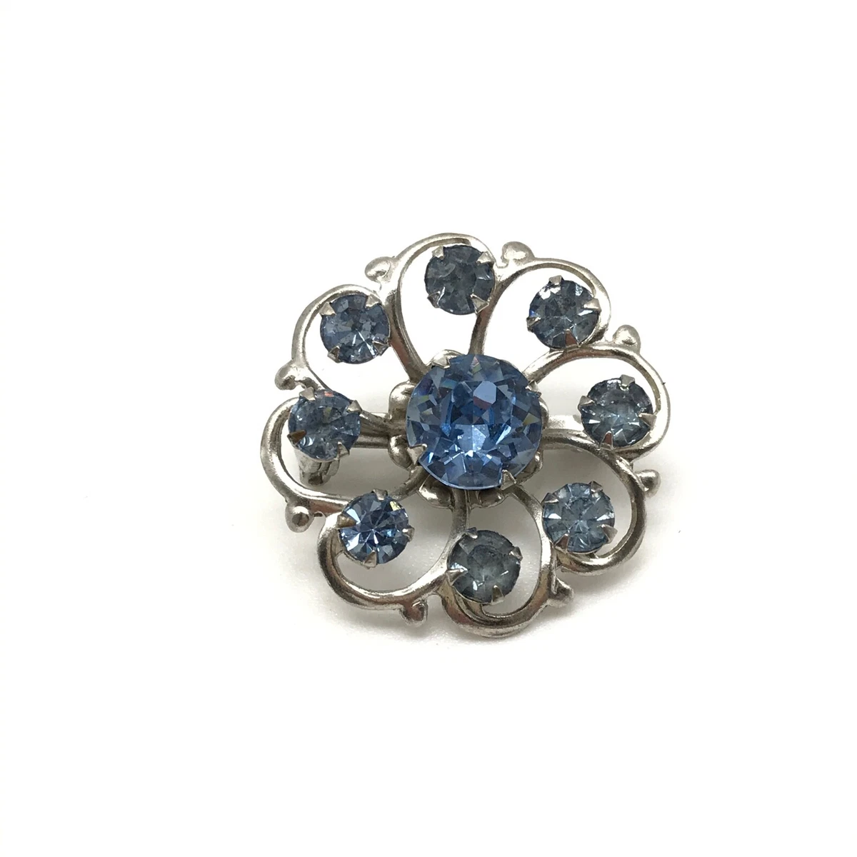 Vintage Sky Blue Rhinestone Silver Tone Small Flower Brooch Pin