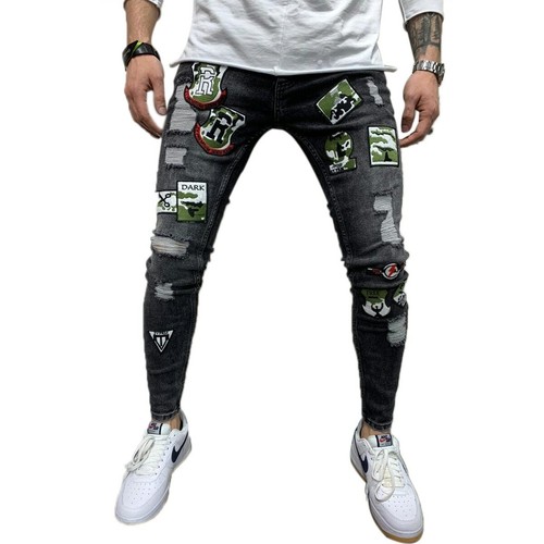 Pantalones Vaqueros Para Hombre Jeans Elástico Skinny Agujero Bordado  Estampado | eBay