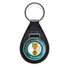 US Coast Guard Vietnam Veteran Black Leather Keychain Silver Keyring Military