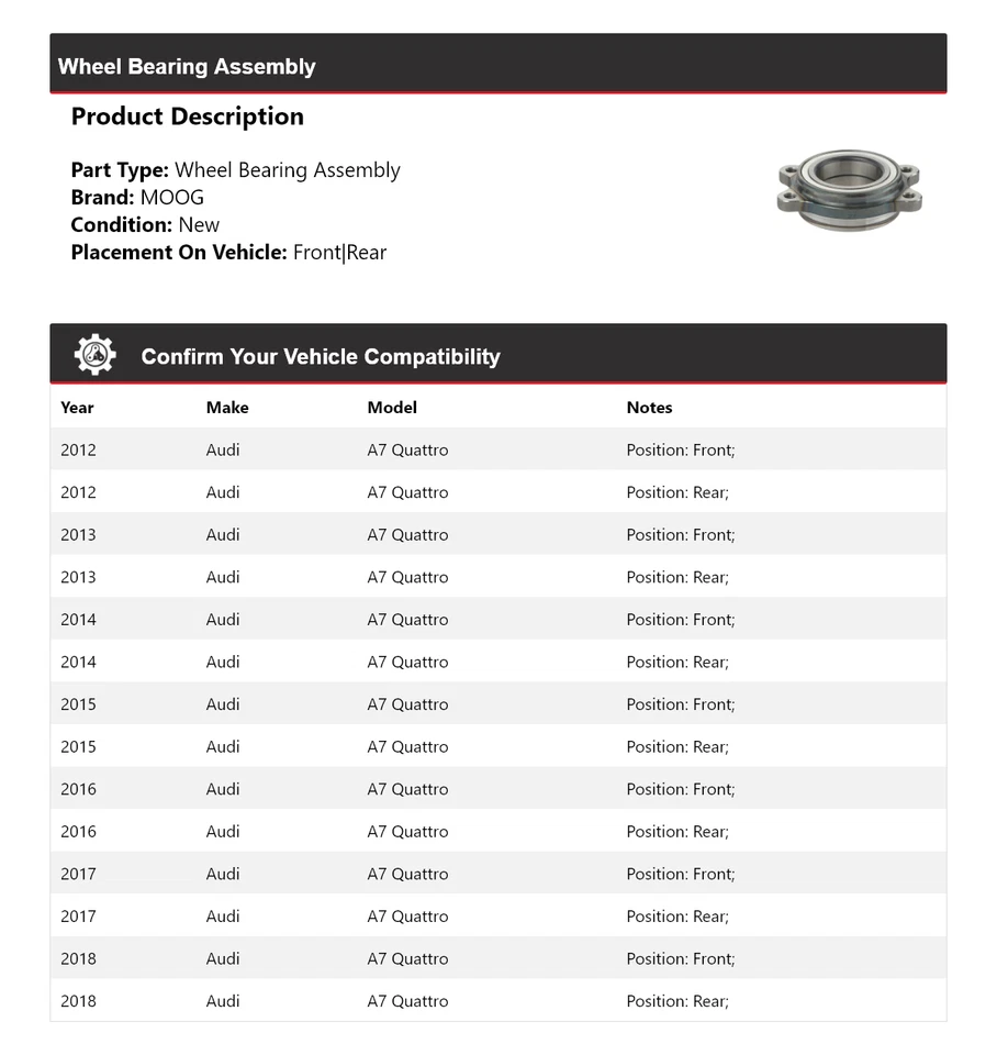Conjunto de cojinete de rueda para Audi A7 Quattro 2012-2018 MOOG 2012 2013 2014 2015 Foto 2 de 4