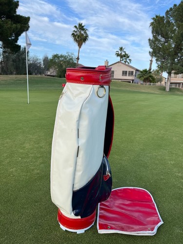 Bolso de golf vintage profesional clásico rojo, blanco y azul imitación cuero - raro + capucha para lluvia - Imagen 3 de 8