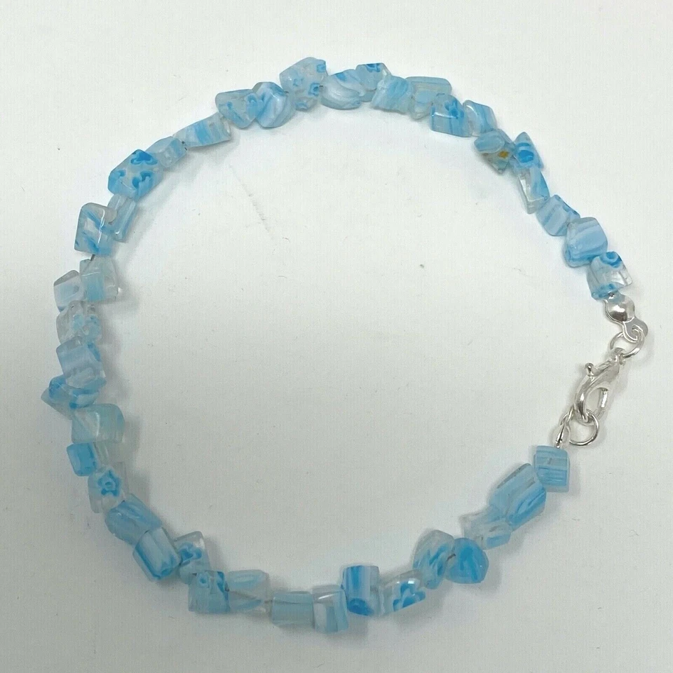 Handmade Anklet Baby Blue and White Millefiori Glass Chip Beads Silver Tone 9" - Image 3 of 4