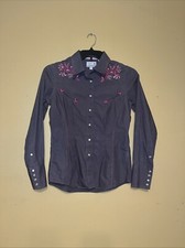 Panhandle Slim Western Pearl Snap Shirt Women Size M Gray Pink Floral Embroidery