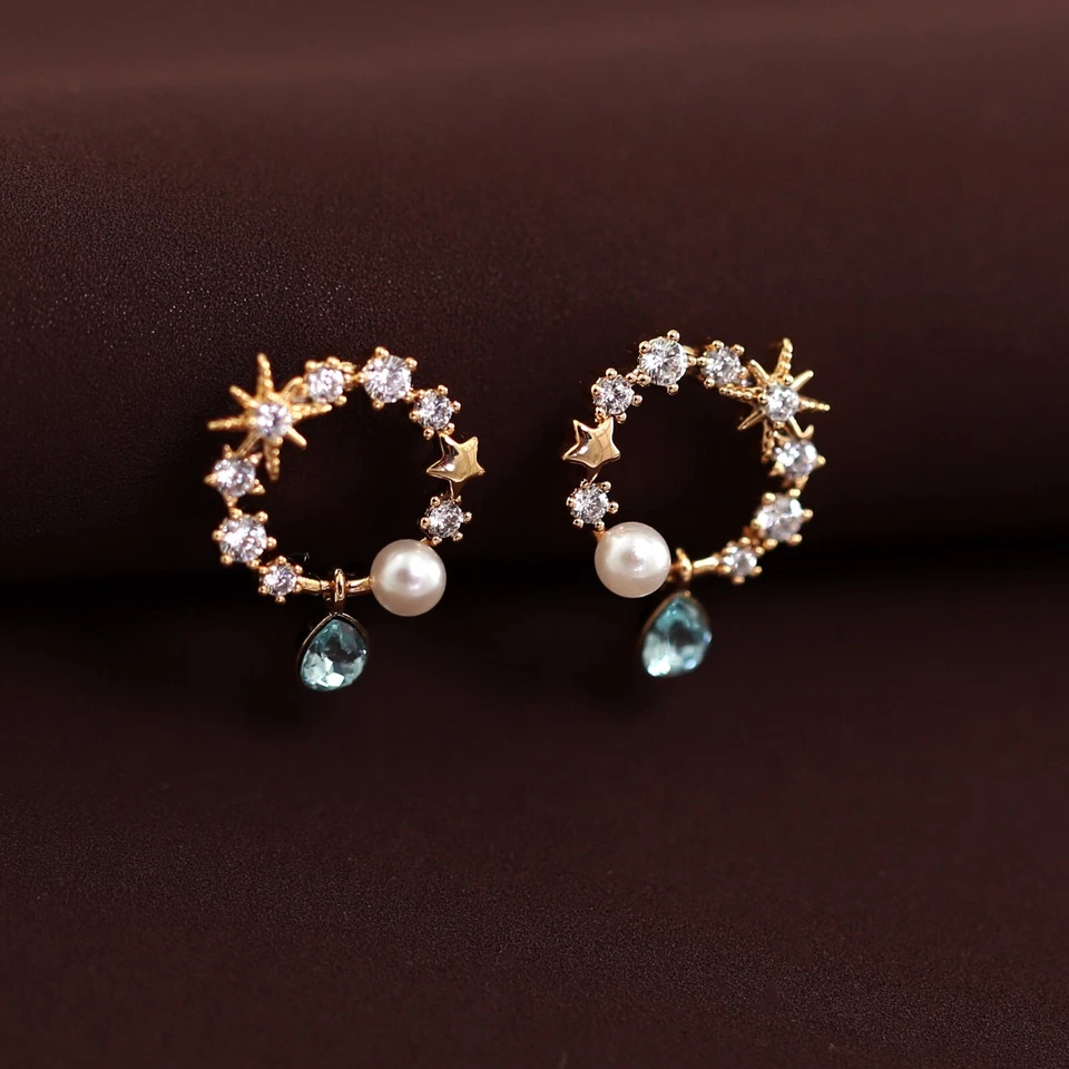 18K Rose Gold GF Stars & Pearl Moon Aquamarine Droplet Circle Stud EARRINGS Gift Foto 2 de 4