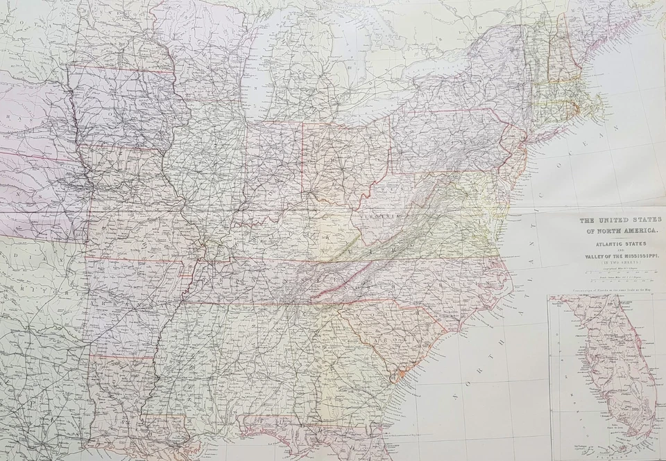 Mapa antiguo grande de Blackie & Son de 1860 del este de los Estados Unidos, recuadro Florida Foto 2 de 3