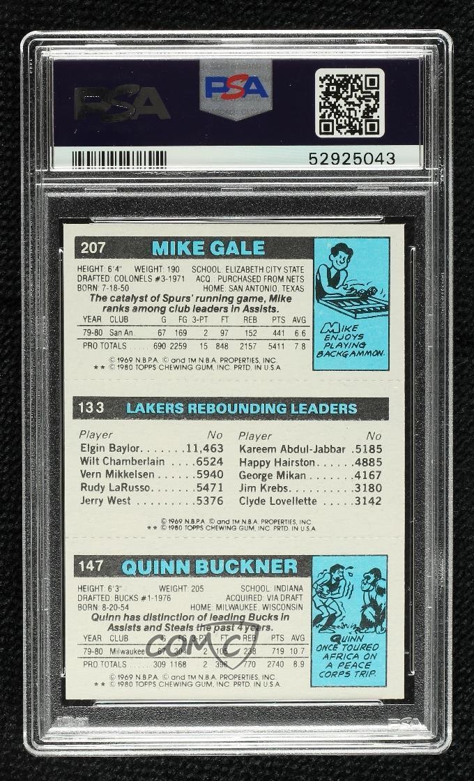 1980-81 Topps Quinn Buckner Kareem Abdul-Jabbar Mike Gale PSA 9 MINT HOF view 2