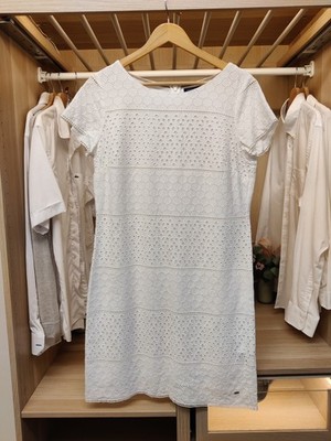 Tommy Hilfiger Kleid Größe US 8 UK 12 WEISS BROIDERIE KURZARM ETUIKLEID DAMEN