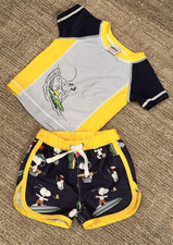 Hanna Andersson Peanuts Snoopy Boy 6 9 12 M 70 Rash Guard Swim Trunk Top Set LN