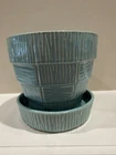 Vintage 1950's McCoy Teal Basket Weave Planter with Attached Saucer