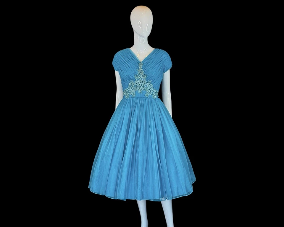 VESTIDO VINTAGE AÑOS 50 PAVO REAL GASA AZUL FALDA COMPLETA FIESTA GRADUACIÓN FIESTA GRADUACIÓN / XS S Foto 4 de 4