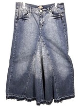 Western Vintage Denim Maxi Skirt Blue Medium Wash Frayed Hem Flared Mermaid XL