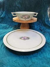 Haviland Limoges Suzanne Lalique Nicole Plate & Boullion Set Soft Gry/Gre France