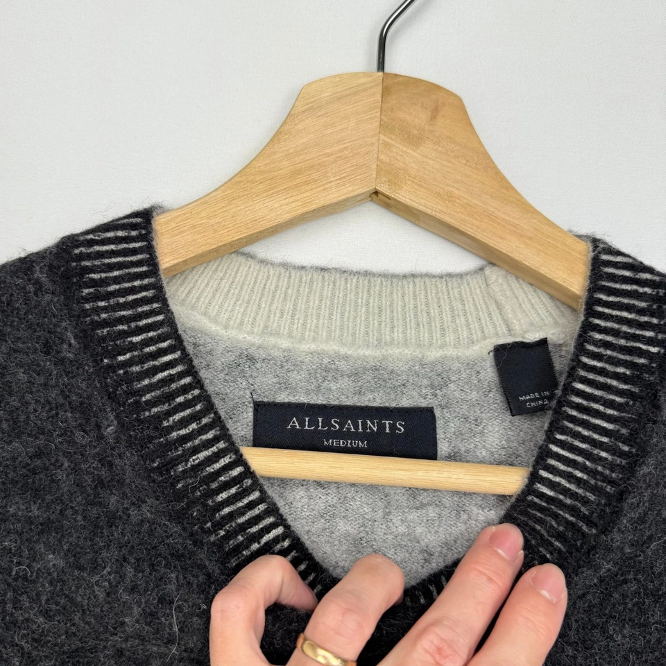 AllSaints Fayde Crew Sweater Mens Size M Wool Alpaca Graphic Pullover Gray - Image 3 of 4