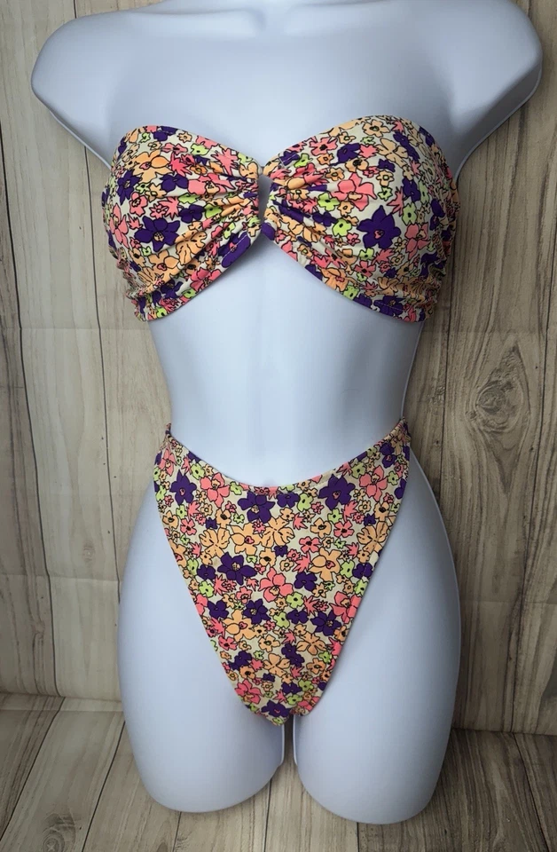 复古葡萄干花卉比基尼大号 9 - 11 美国制造 90 年代头巾高切无肩带 — 第 2/4 张图片
