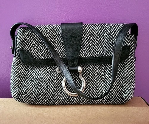 Burberry London Wool  Black White Leather/tweed   Shoulder Bag Handbag  Purse