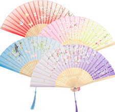 4 Pcs Handheld Folding Fan Small Chinese Silk with Tassel Floral Manual Fan Hand