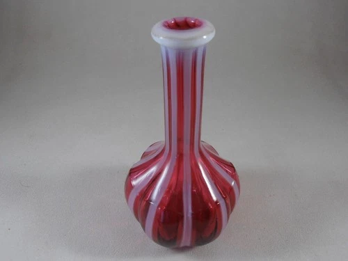 Fenton Cranberry Opalescent Barber Bottle Bud Vase Melon Ribbed