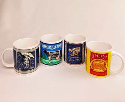 Lot of 4 Vintage Advertising Brand Mugs - Lipton, Morton, Hershey, Maxwell House