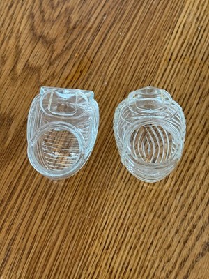 2 Vintage Art Deco Bird Cage Feeders Seed Water Pressed Clear Glass USA Ribbed