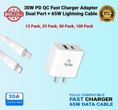 [12 Pack]Wholesale Lot 30W Fast Charger Adapter Dual Port + Lightnin Cable Bulk