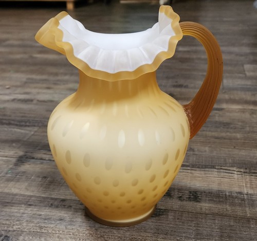 Fenton Amber Satin Glass 9” Pitcher Ruffle Edge Used, See Pics For Scratches U - Picture 5 of 12