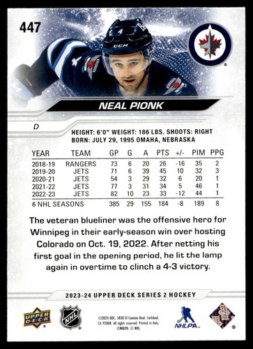 2023-24 Upper Deck Neal Pionk Winnipeg Jets #447 - Imagen 2 de 2
