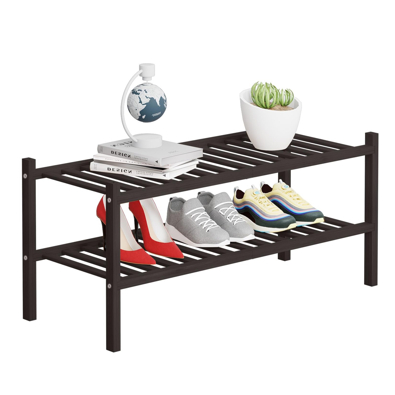 2 Tier Stackable Bamboo Shoe Rack Closet Organizer Multifunctional Storage