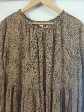 Women’s Tan/Black Animal Print Midi Dress XL Round Neck Tie Closure 3/4 Elastic