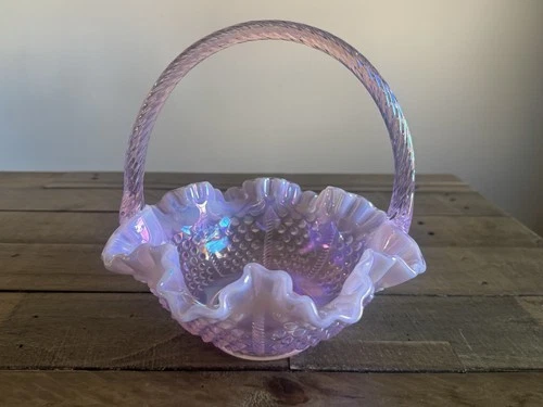 Vintage Fenton Hobnail Pink Iridescent Glass Basket/Ruffle Rim/Twist/8.5"/RARE
