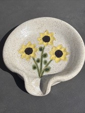 Spoon Rest Art Pottery Hand Thrown Sunflowers Cream Matte Glaze Excellent Signed