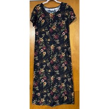 Vintage 90s Studio Ease Black Floral Rayon Midi Maxi Dress Slits Size 10 Grunge