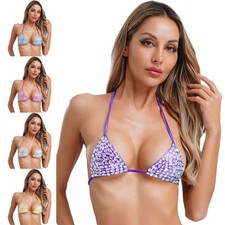 Women Sparkly Rhinestones Swim Tops Halter Self-tie Bikini Bra Top Swimwear