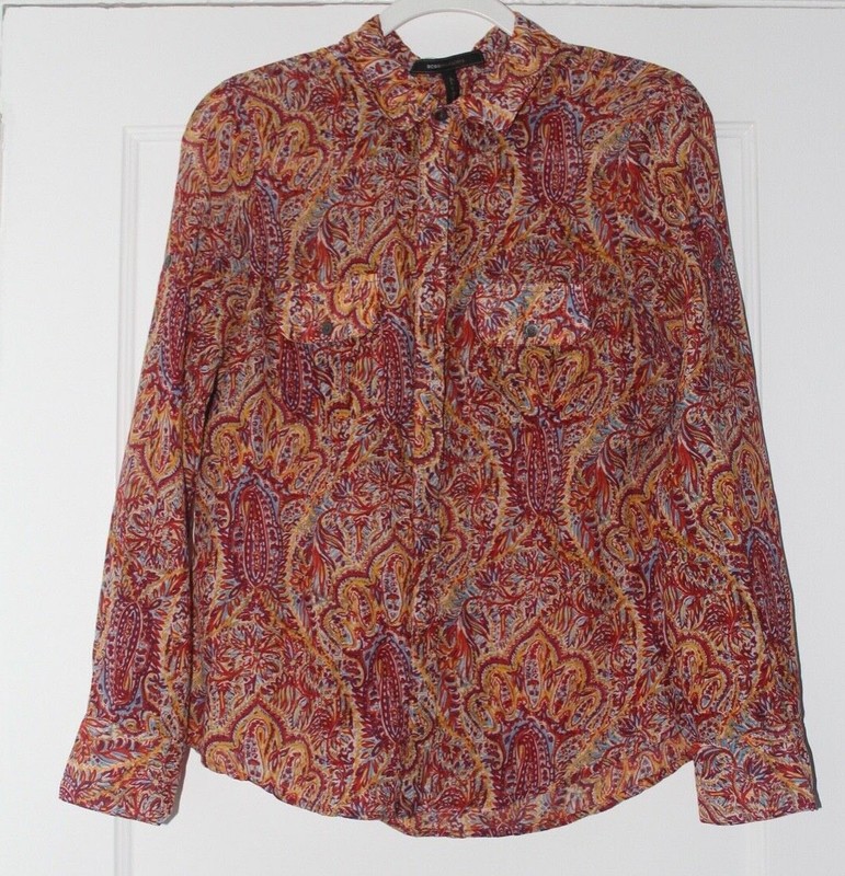 BCBGMaxAzria Liam Cargo Pocket Blouse Pink Red Orange Paisley Size M