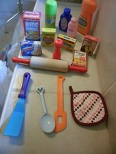 15 PRETEND PLAY FOOD  KITCHEN ITEMS,cleaning,boxed food,rolin pin,pepper mill 