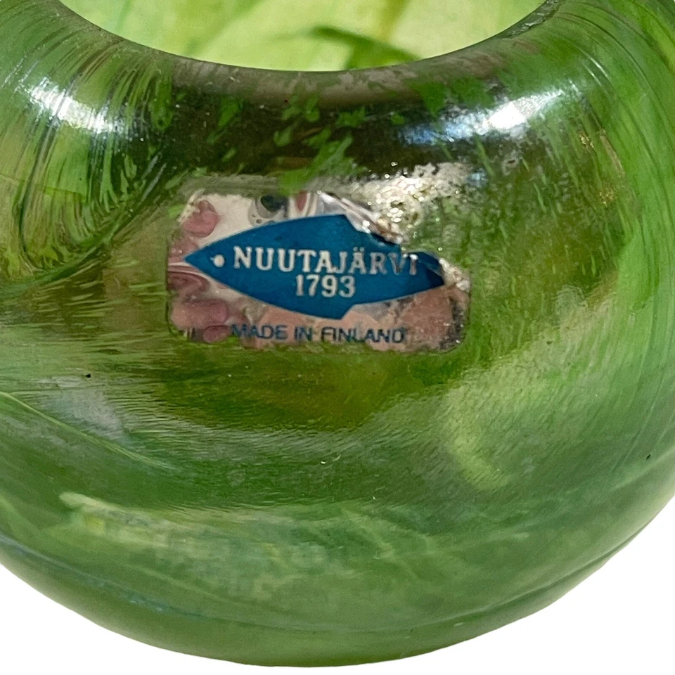 Vintage Nuutajarvi Green White Swirl Candle Holder Tealight Made In Finland - Imagem 3 de 4