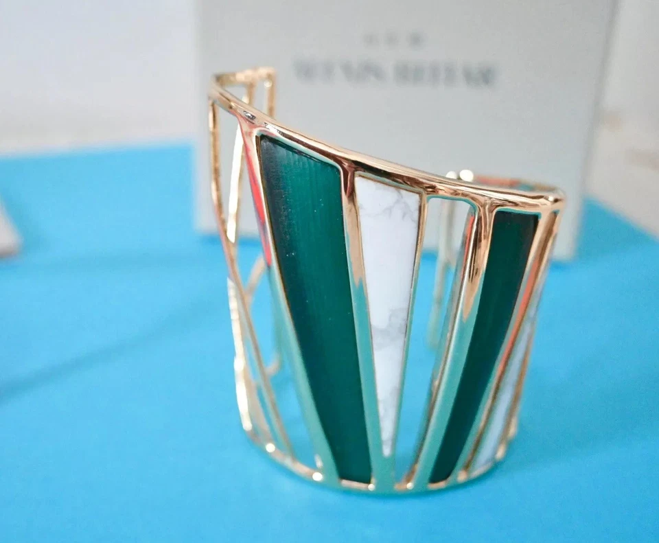Nuevo $425 ALEXIS BITTAR Luna Colorblock Lucita Blanco Howlite Brazalete VERDE