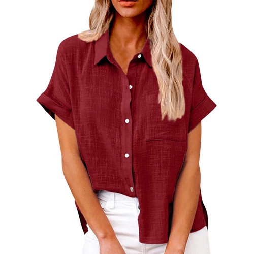 Womens Cotton Linen Casual Blouse Ladies Button T Shirt Short Sleeve Tops - Bild 13 von 72