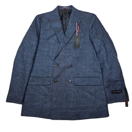 Tommy Hilfiger Linen Double Breasted Suit Jacket Mens 38L Blue Modern Fit NEW