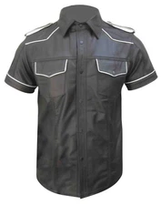 Mens Genuine Leather Police Uniform Style Shirt Short Sleeves Gay Leather Shirts