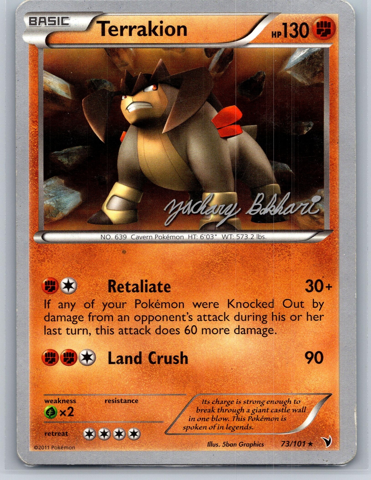 Terrakion 73/101 Rare Pokemon Noble Victories 2012 World Champ Z Bokhari MP
