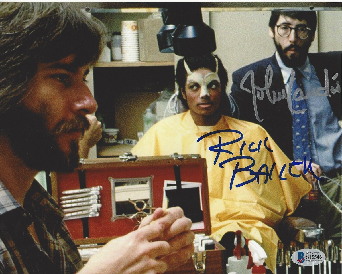 JOHN LANDIS & RICK BAKER SIGNED MICHAEL JACKSON THRILLER 8x10