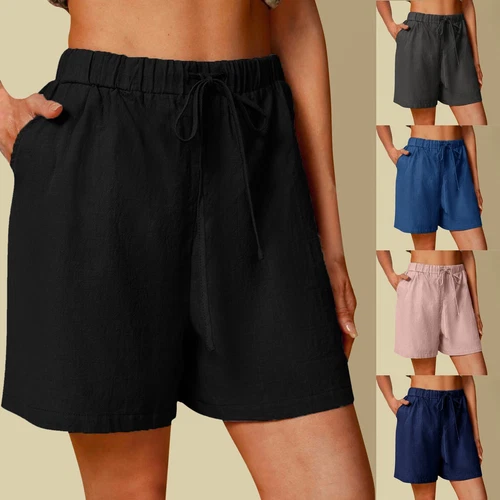 Damen-Shorts Baumwolle Leinen elastischer Bund locker lässig Baggy Strandhose• - Bild 1 von 15