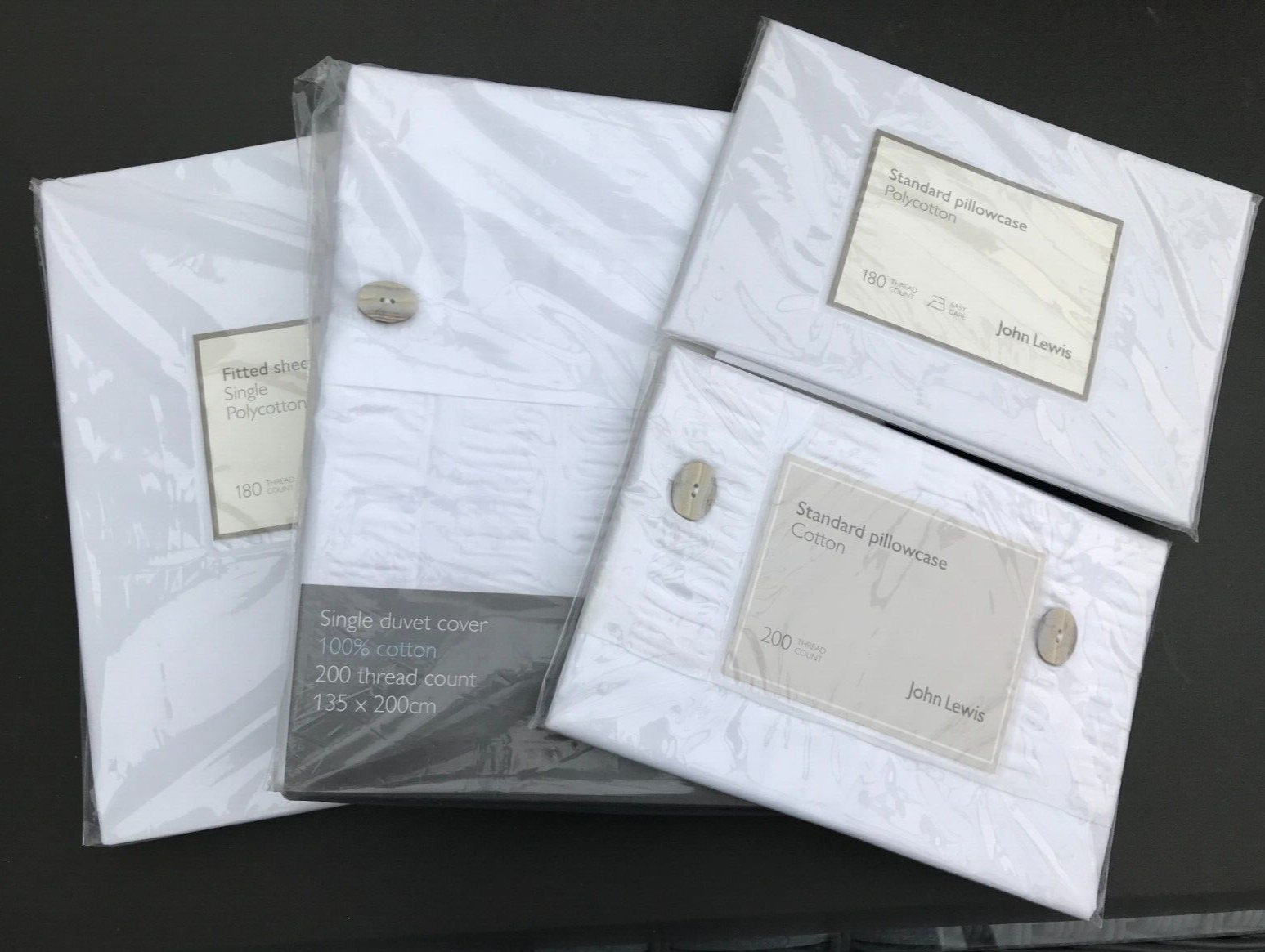 John Lewis Single Bed Set White Duvet Cover Sheet & 2 Pillowcases BNIP