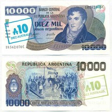 ARGENTINA NOTE 10 AUSTRALES ON 10000 $ 1985 ALONSO-CONCEPCION SUFIX C P 322d UNC
