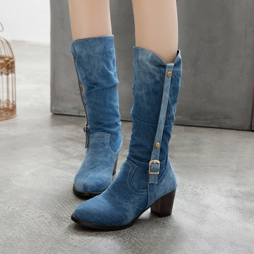 Ladies Block Heels Slouch Boots Casual 